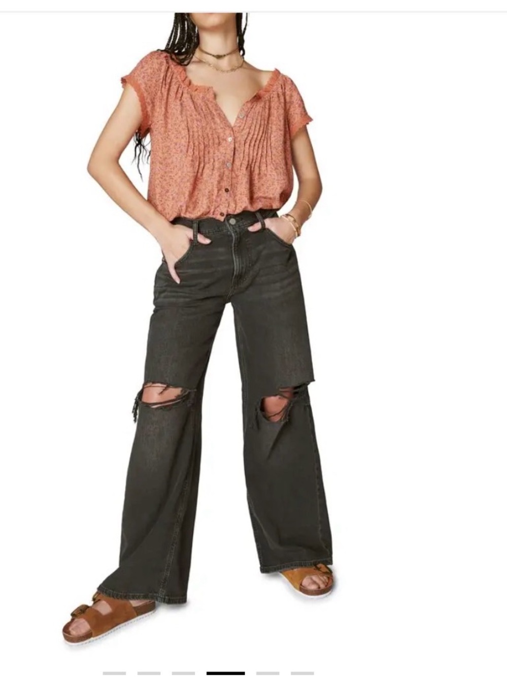 Lucky Brand Rust Paisley Button-Front Cap Sleeve Blouse with Lace Trim - Picture 2 of 11